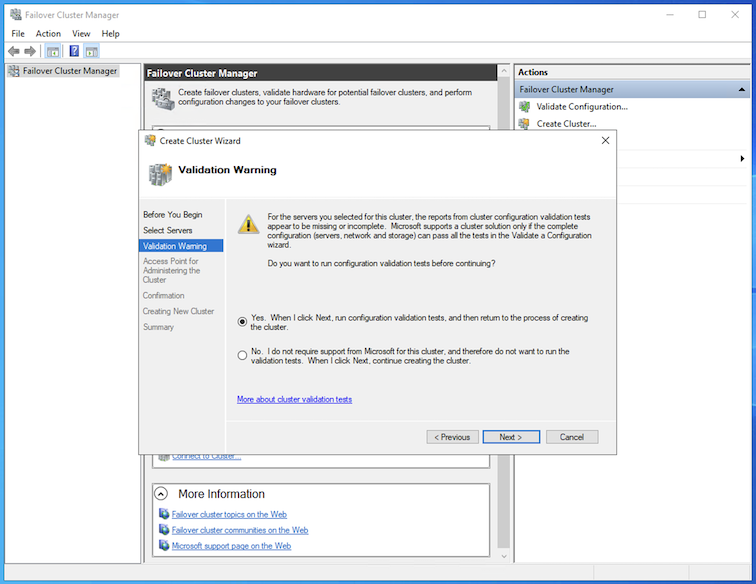 Validação de Criação de Execução do Cluster WSFC