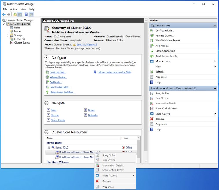 Propriedades IP do Cluster WSFC