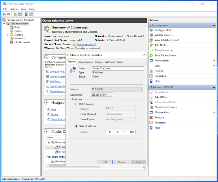 Definição de IP do Cluster WSFC