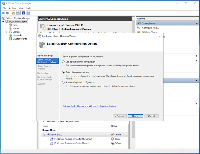 Opção de Configuração do Quorum do Cluster WSFC