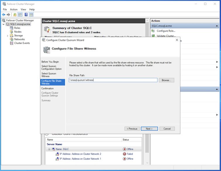 Caminho de Compartilhamento do Arquivo de Quorum do Cluster WSFC