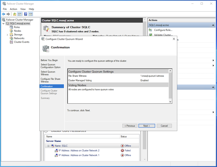 Definições de Revisão do Quorum do Cluster WSFC