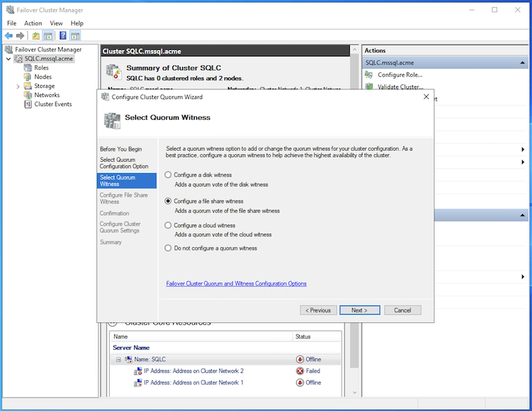 Testemunha de Seleção de Quorum do Cluster WSFC