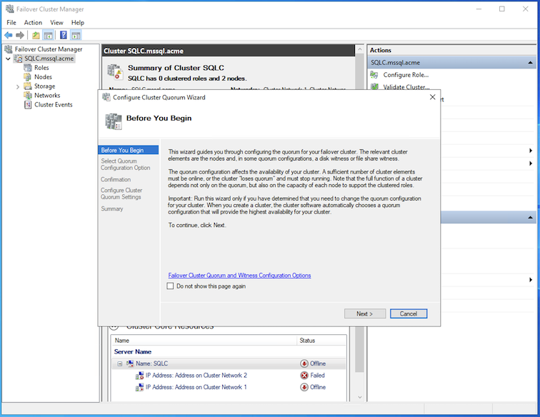 Início do Quorum do Cluster WSFC