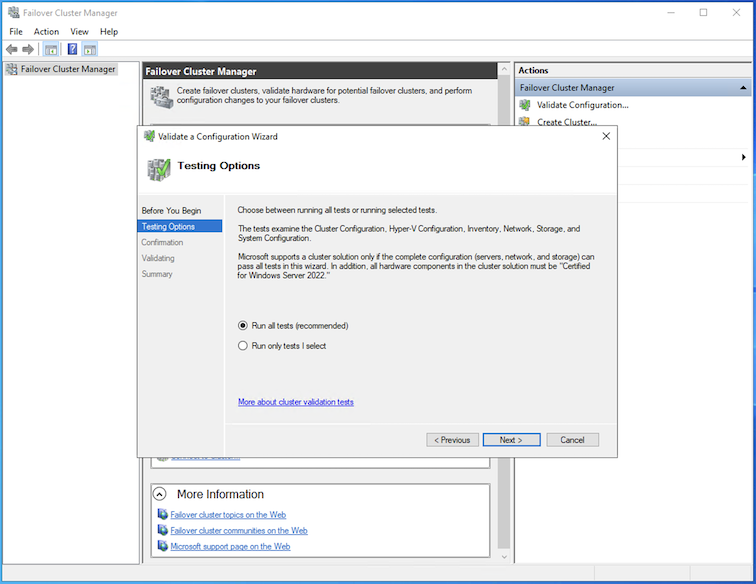 Cluster WSFC - Criar Execução de Todos os Testes