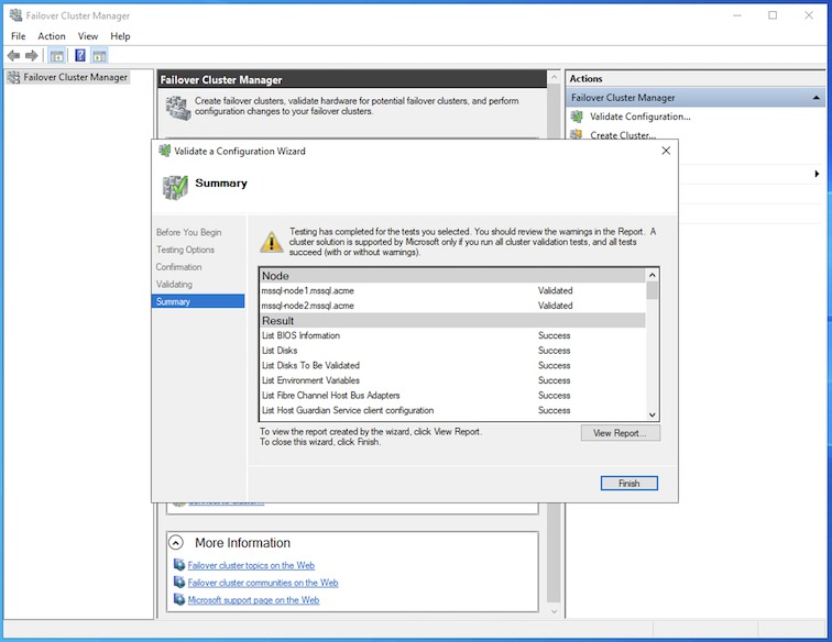 Testes de Criação do Cluster WSFC Finalizados