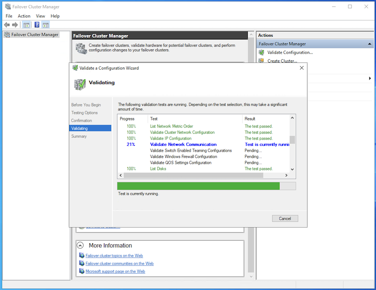 Testes de Criação de Cluster WSFC em Execução