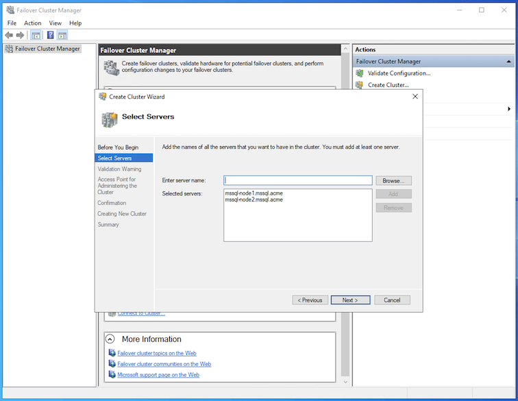 Nós de Confirmação de Criação do Cluster WSFC