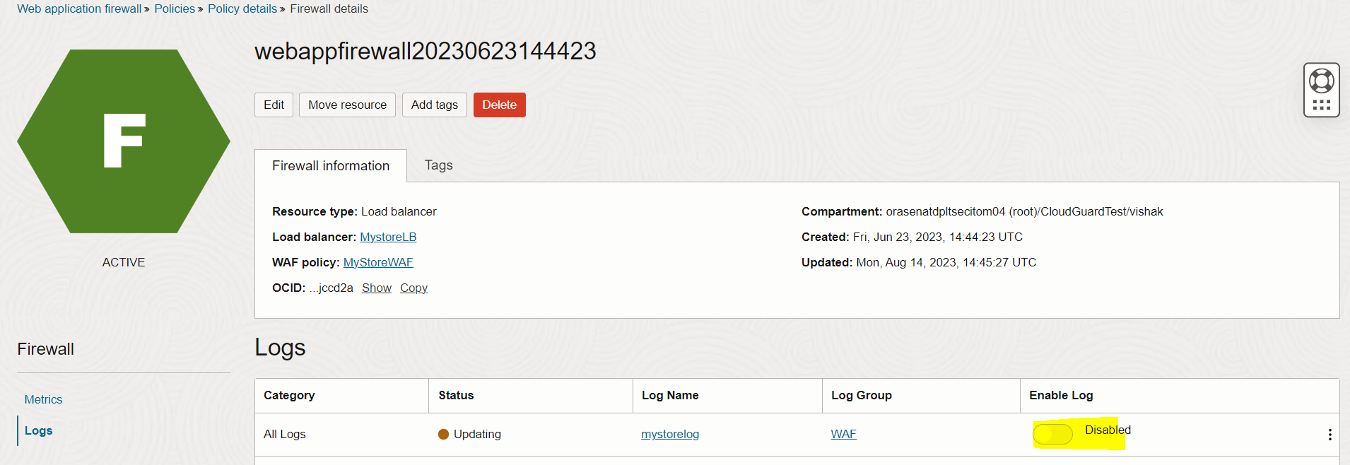 Ativar logs do WAF Botão Editar
