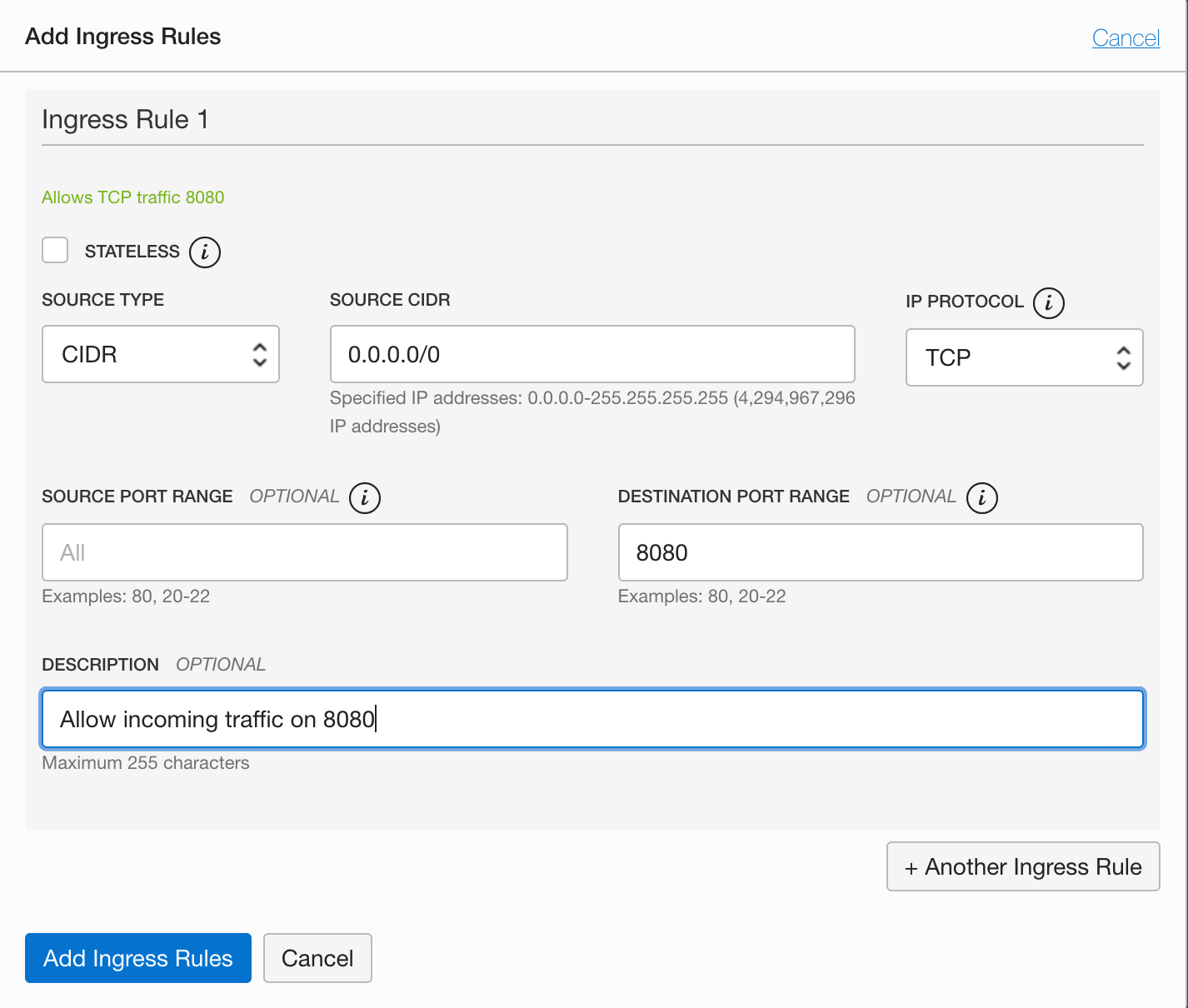 regra de entrada de configuração