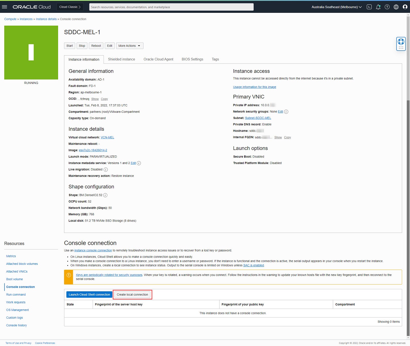 Criar uma conexão da Console local para um host ESXi na seção Computação