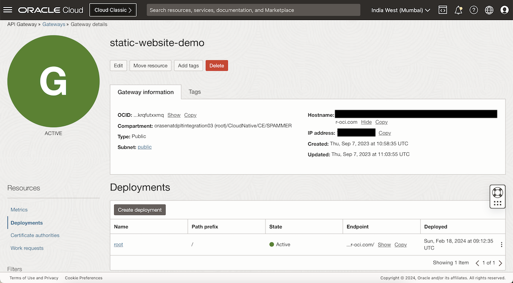 image Nome do host do Gateway de API