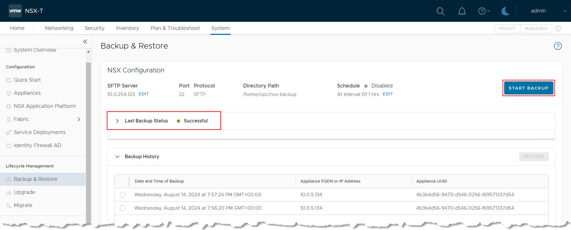 Backup do NSX Bem-sucedido