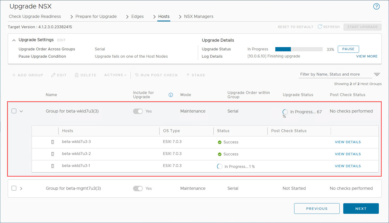 Upgrade de Hosts NSX em Andamento