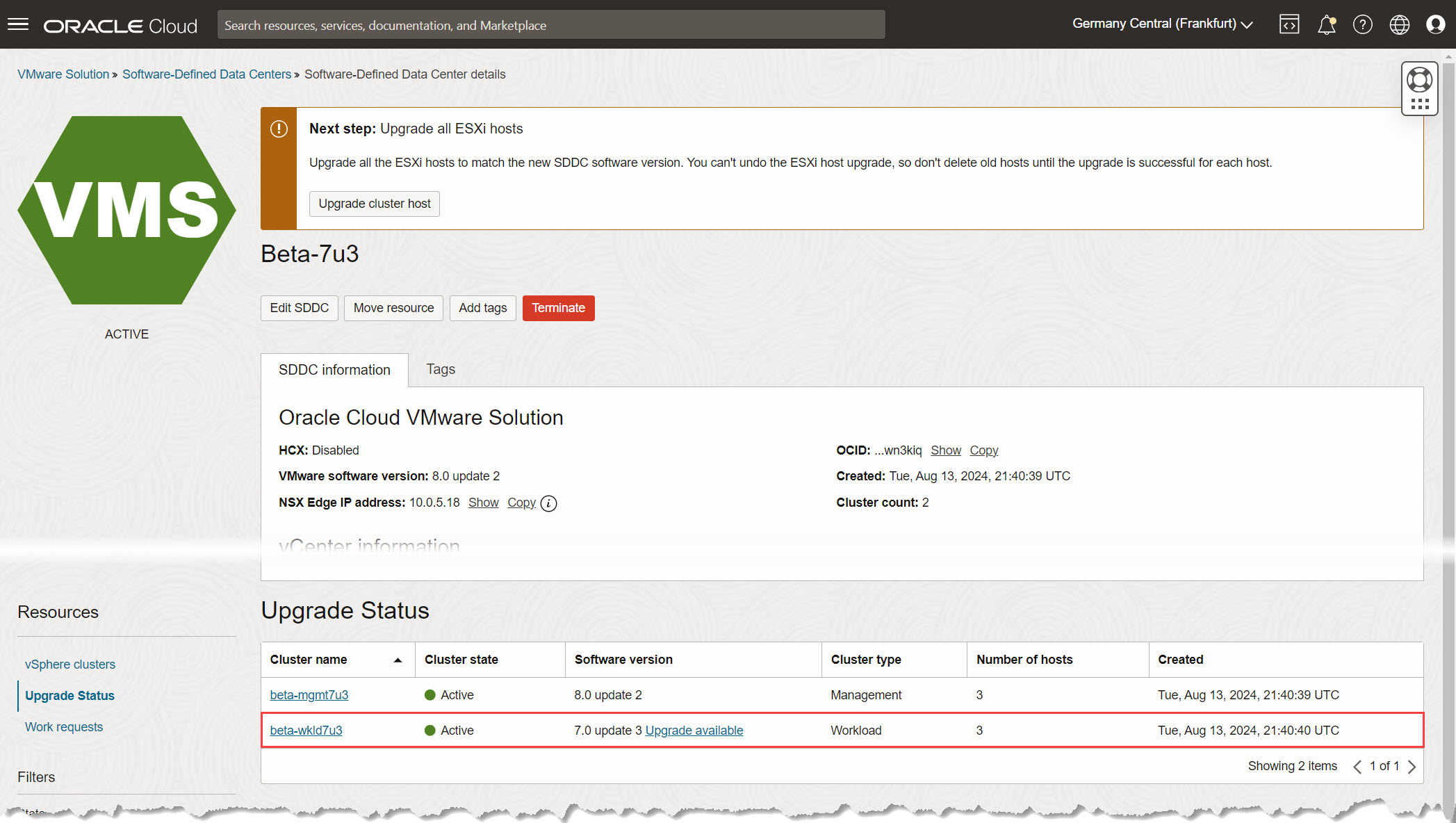 Upgrade do Cluster de Carga de Trabalho Desbloqueado