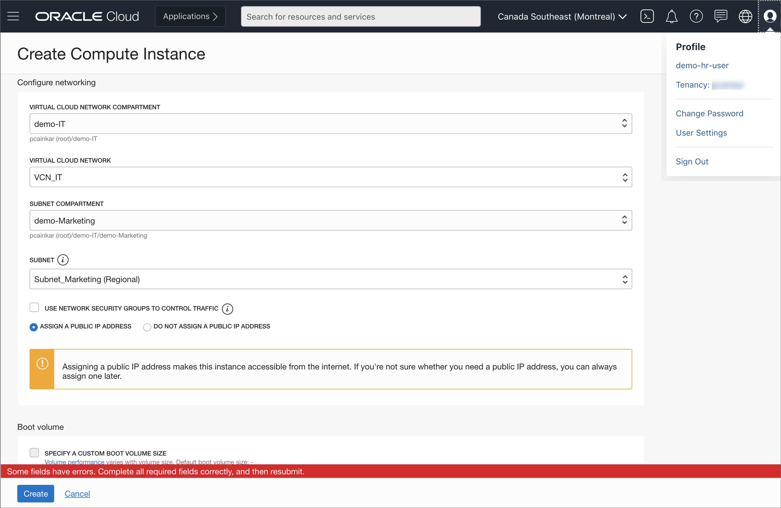O usuário HR não pode criar instâncias no compartimento de marketing