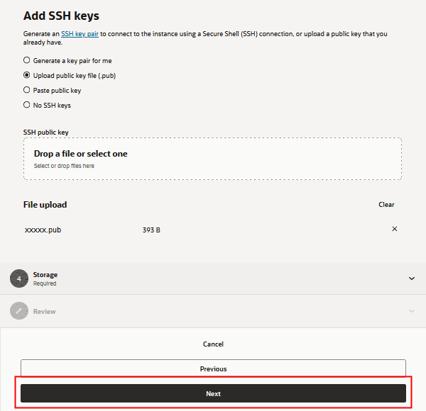 “Create Compute Instance（创建计算实例）”页，添加 SSH 密钥