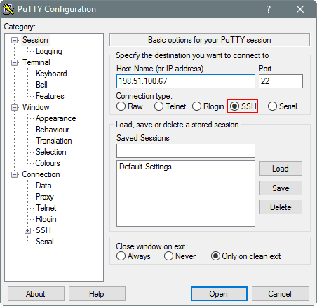 PuTTY“配置”对话框，PuTTY 会话的基本选项