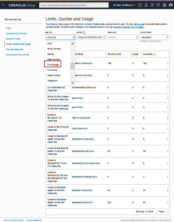 计算服务的限制、限额和使用量