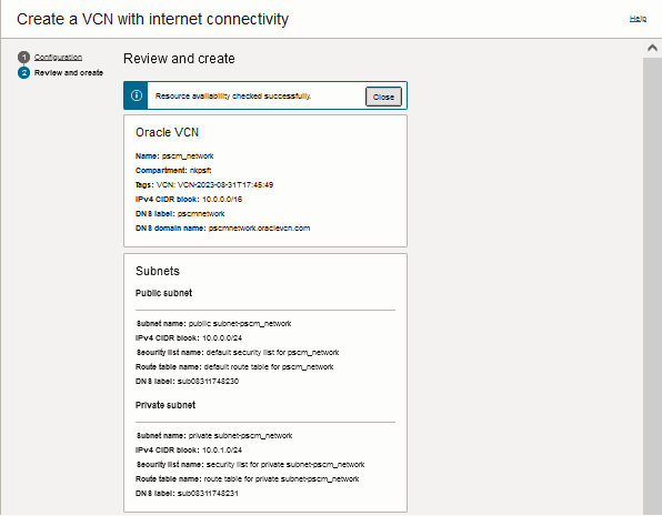 Create a VCN with Internet Connectivit page, Review and Create