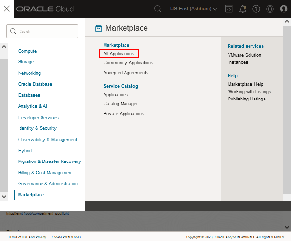 Oracle CLoud 基础结构主页，选择菜单，市场
