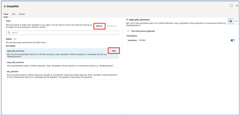 此时将显示 "Remote MCP server tool configuration"（远程 MCP 服务器工具配置）页面。此时将选中“Tools（工具）”选项卡，并突出显示“Add All（全部添加）”和“Add（添加）”按钮。
