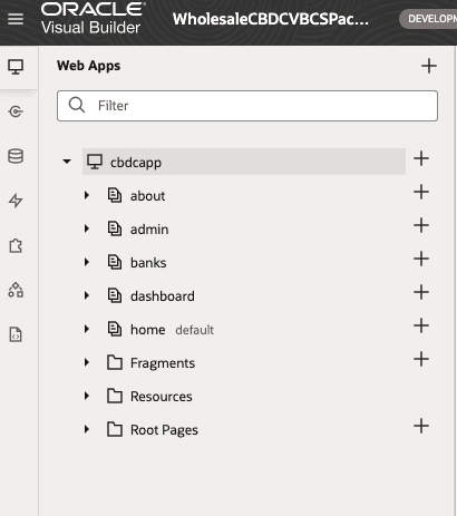 屏幕抓图中显示了 Visual Builder Web Apps 视图中的 cbdcapp，其所有子内容都列在其中。