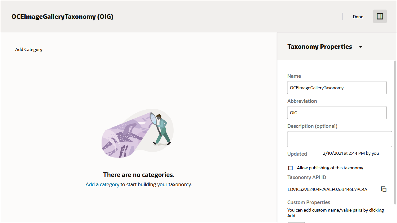 此图显示“OCEImageGalleryTaxonomy”分类的“添加类别”页。