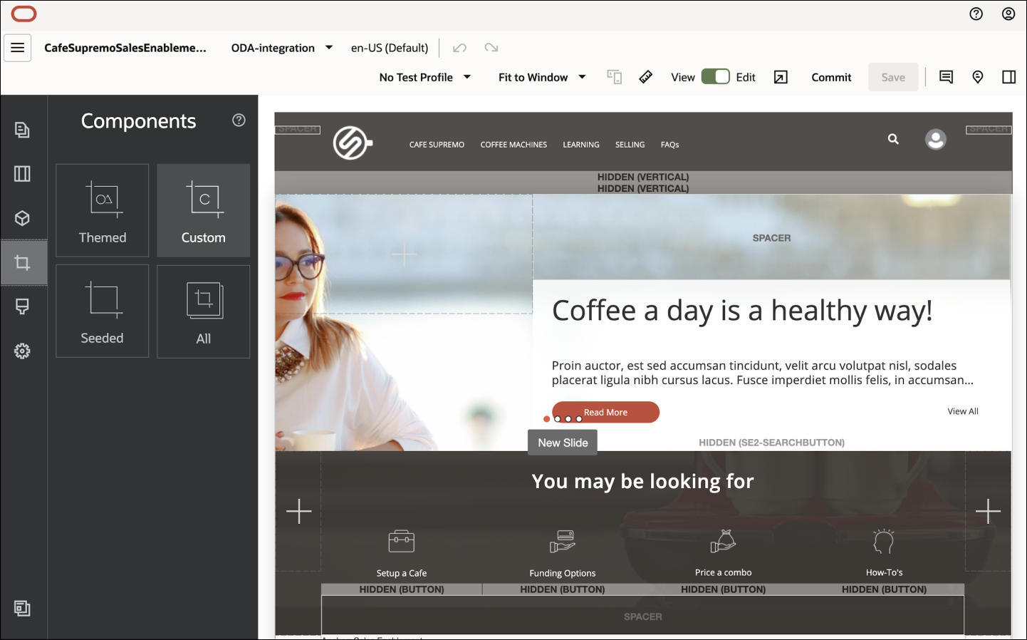 此图显示 Site Builder 中选择了“自定义”选项的组件列表。