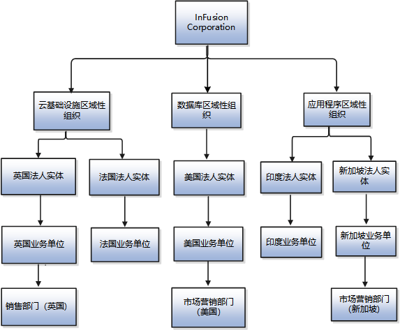 此图描绘了 InFusion Corporation 的区域性组织、法人实体、业务单位和部门结构