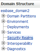 WebLogic 管理控制台中的域结构导航树，侧重于名为 essbase_domain2 的 Essbase 域下面的“安全领域”链接