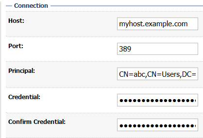 安全领域 "myrealm" 中名为 "msad" 的提供程序的 "Provider Specific settings" 选项卡的 "Connection" 部分