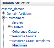 WebLogic 控制台域结构树。在 essbase_domain 下,展开了环境并选择了“Machines(计算机)”。 WebLogic 控制台域结构树。在 essbase_domain 下,展开了环境并选择了“Machines(计算机)”。