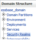 WebLogic 控制台域结构树。essbase_domain 下面是：域分区，环境，部署，服务，安全领域（突出显示），互操作性和诊断。