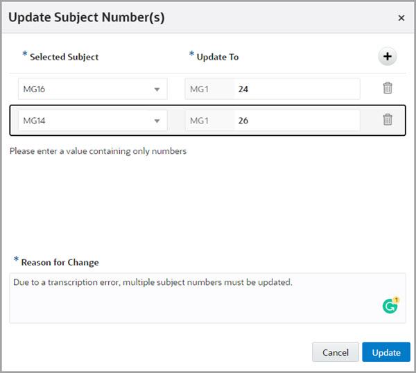 单击“Update Subject Numbers（更新受试者编号）”后，屏幕上会弹出“Update Subject Numbers（更新受试者编号）”对话框。