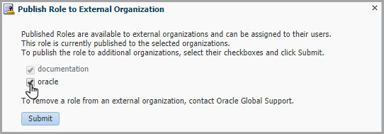 “将角色发布到外部组织”对话框有一个标记为 oracle 的复选框