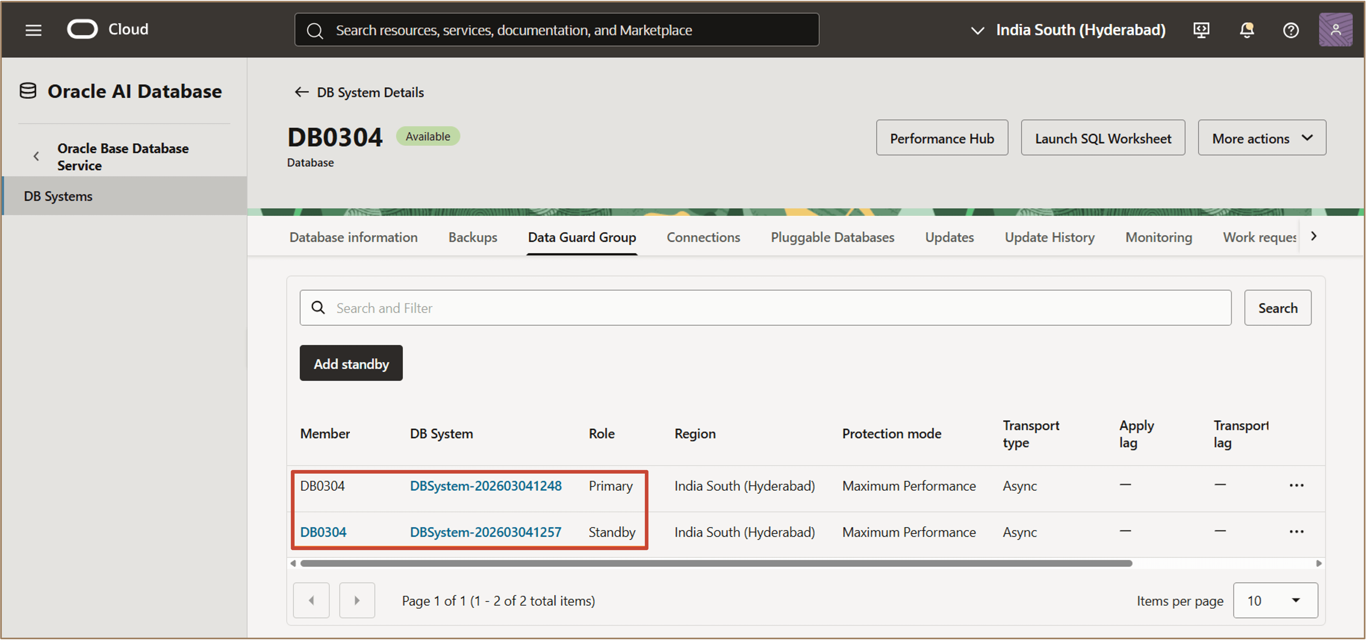 图中显示了添加第一个备用数据库