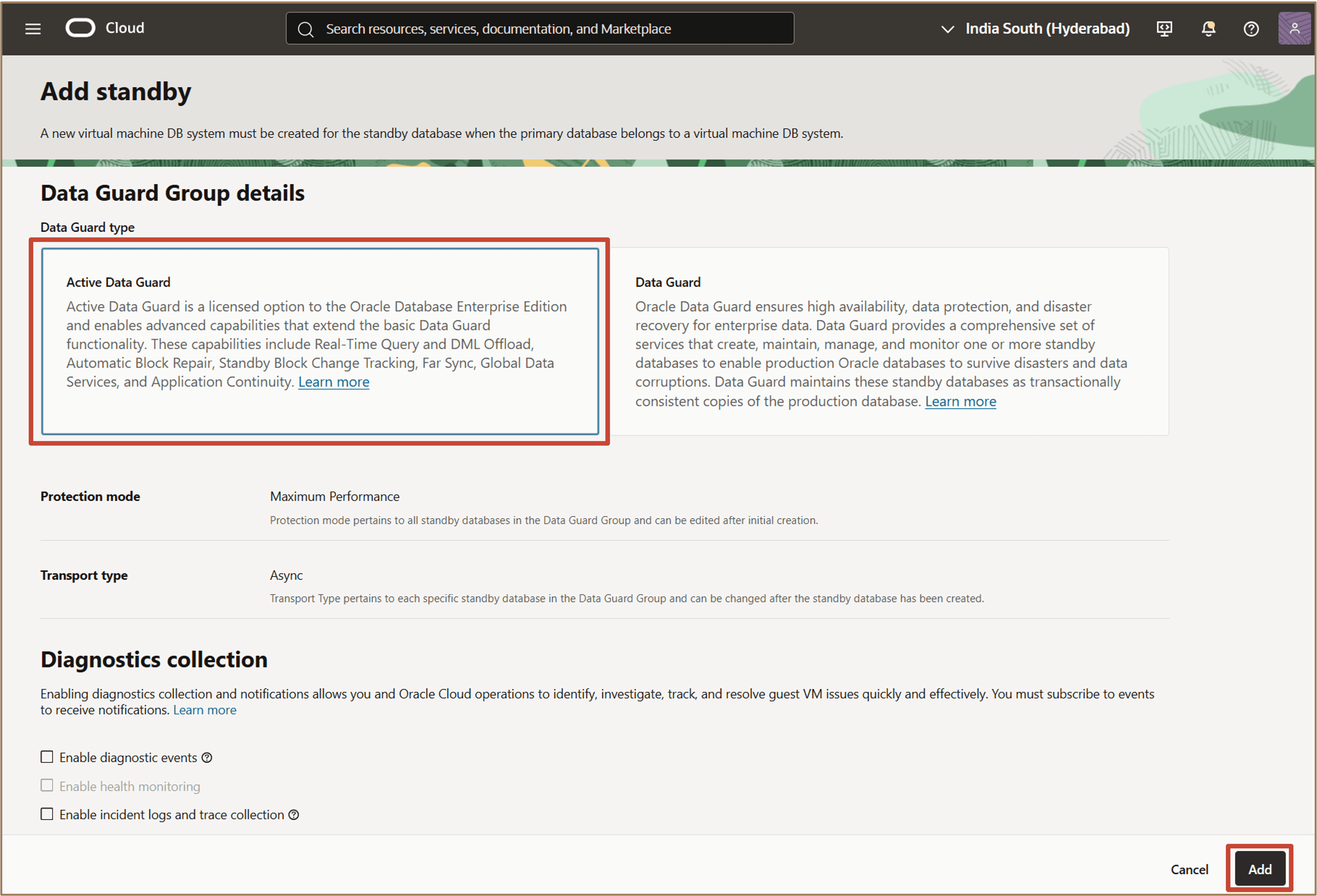 图中显示了添加第一个备用数据库