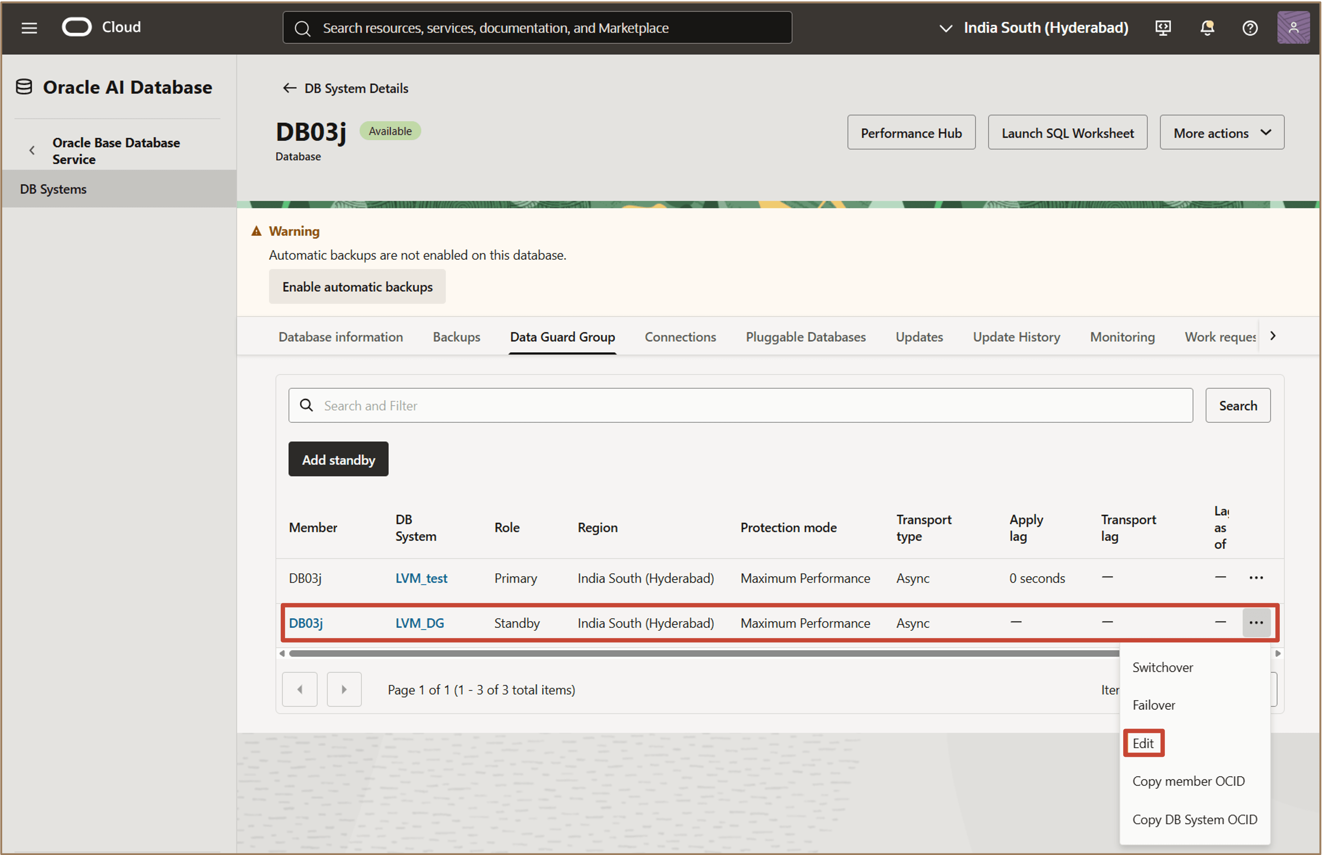 图中显示了编辑 Data Guard 组