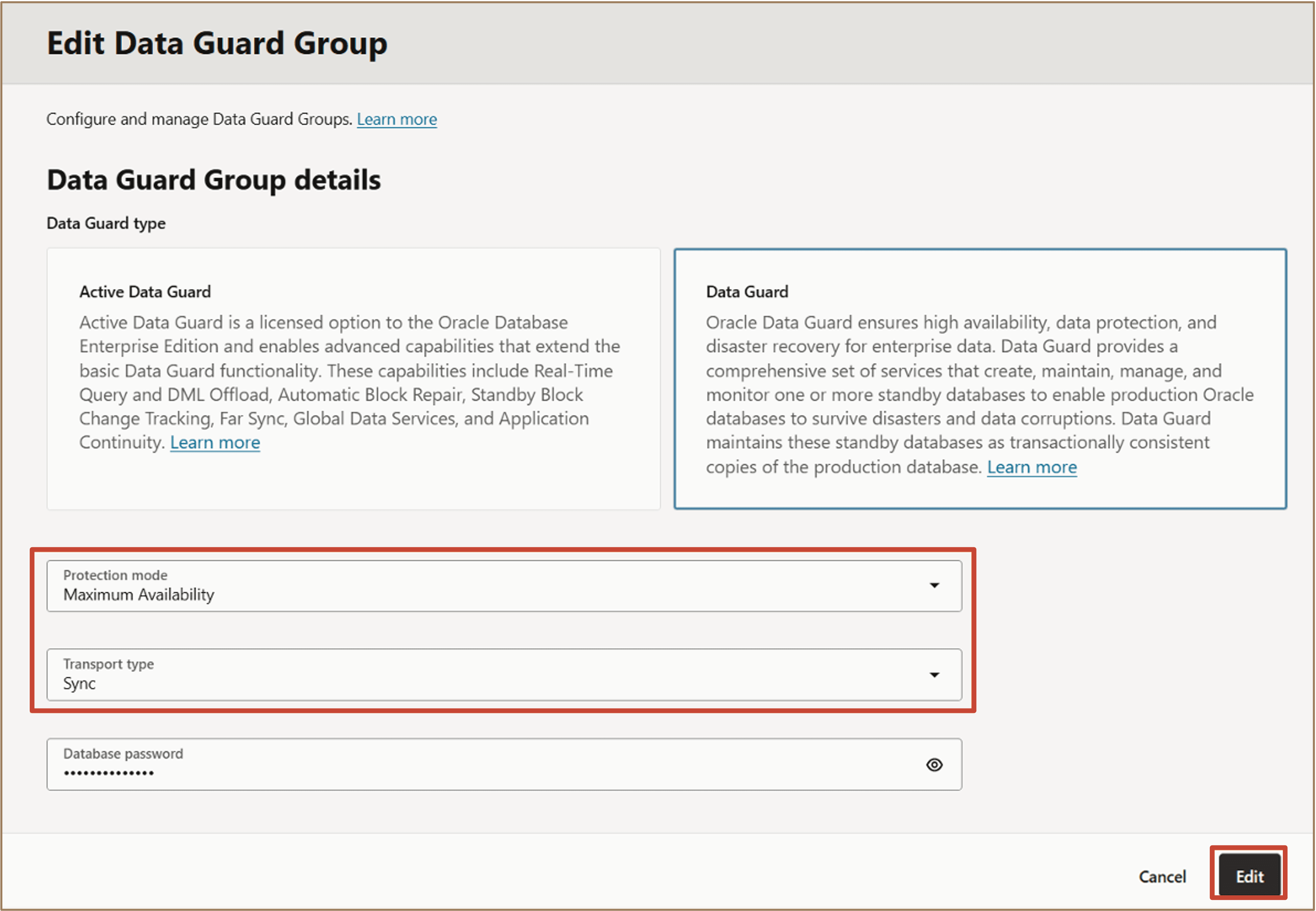图中显示了编辑 Data Guard 组