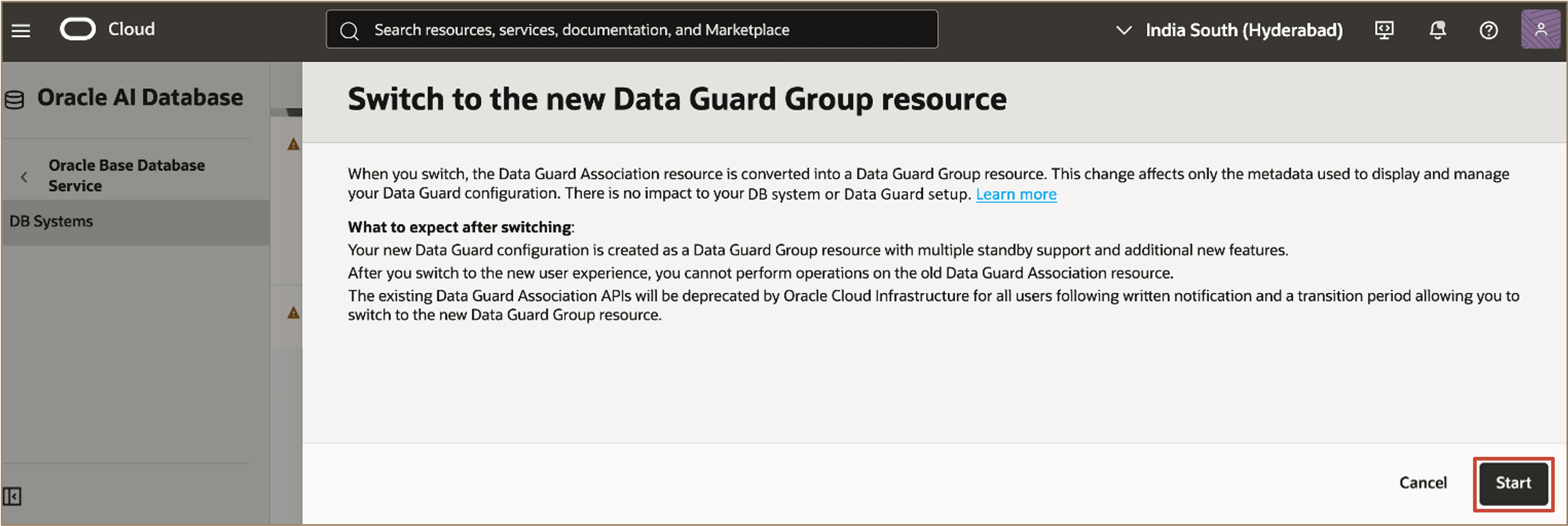 图中显示了切换到新的 Data Guard 组