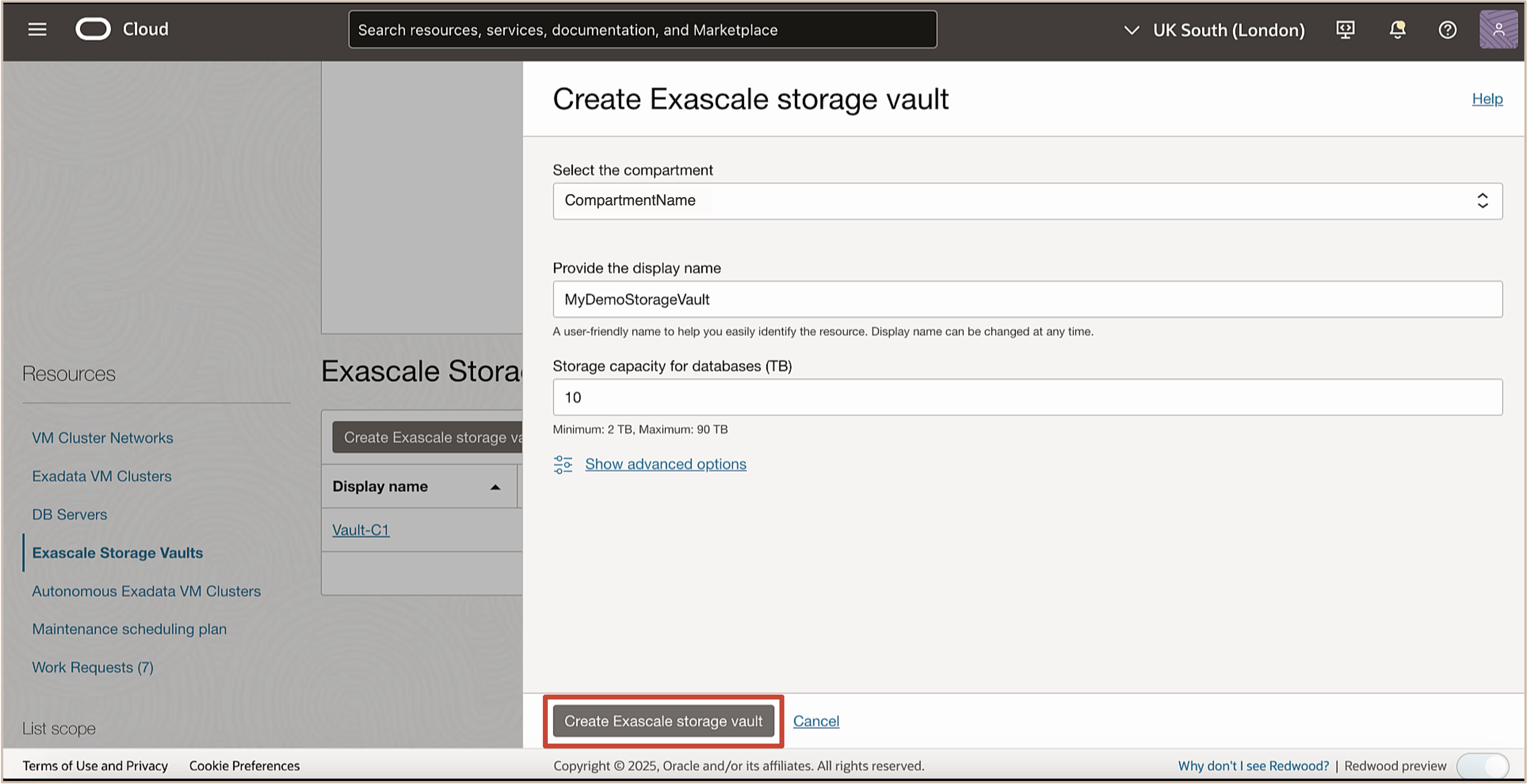 图中显示了 Create Eascale storage vault