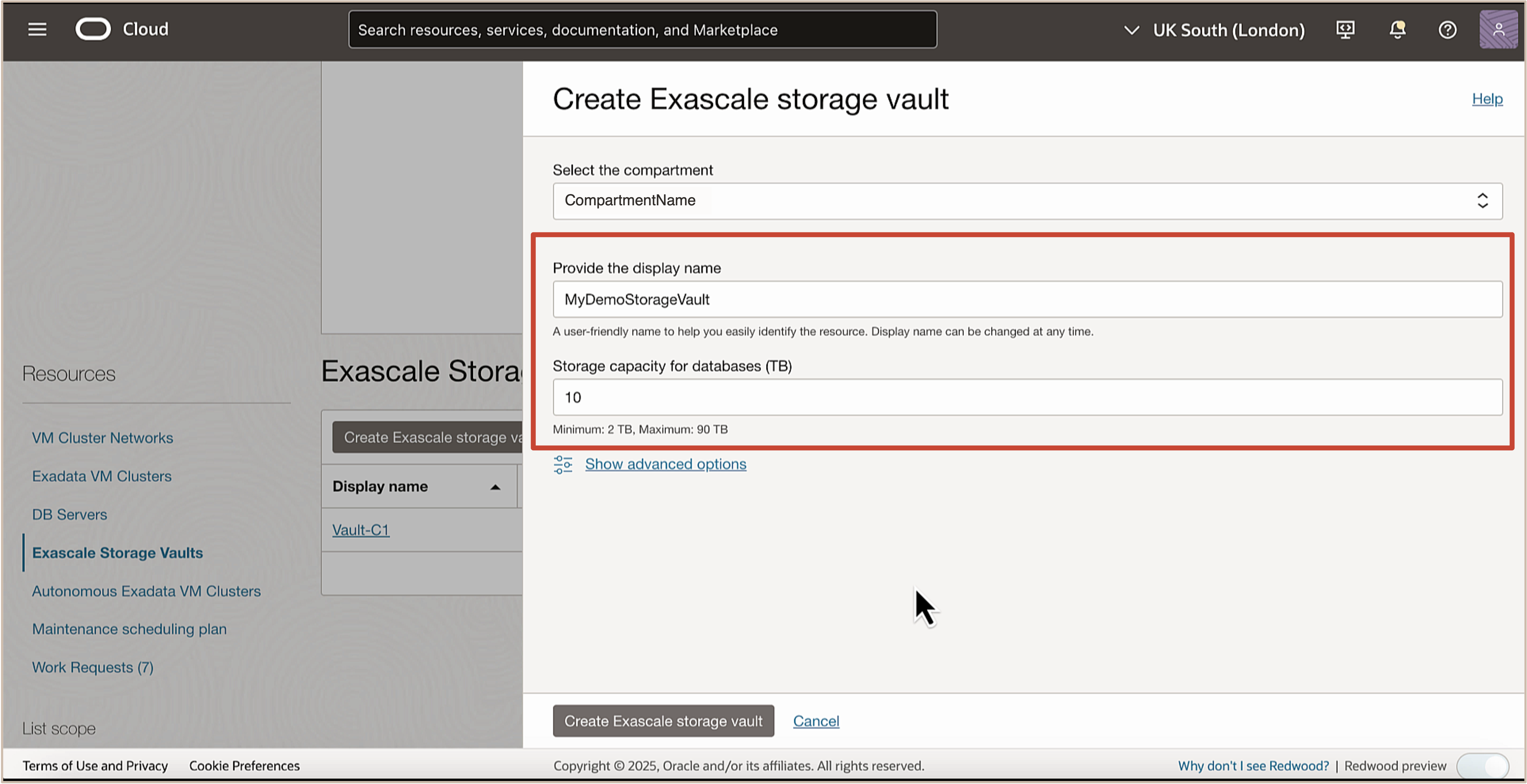 图中显示了 Create Eascale storage vault