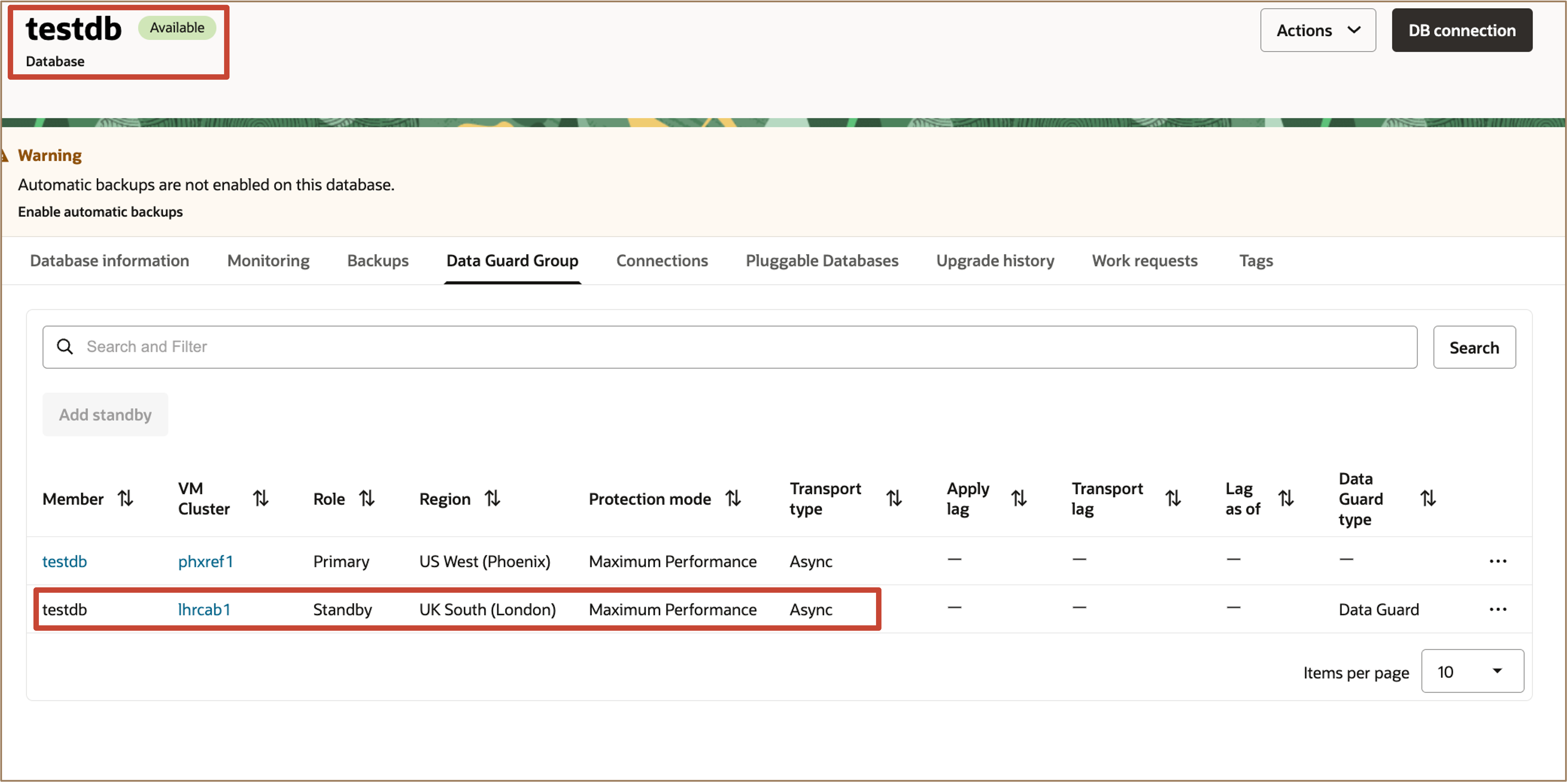 图中显示了设置 Data Guard 关联