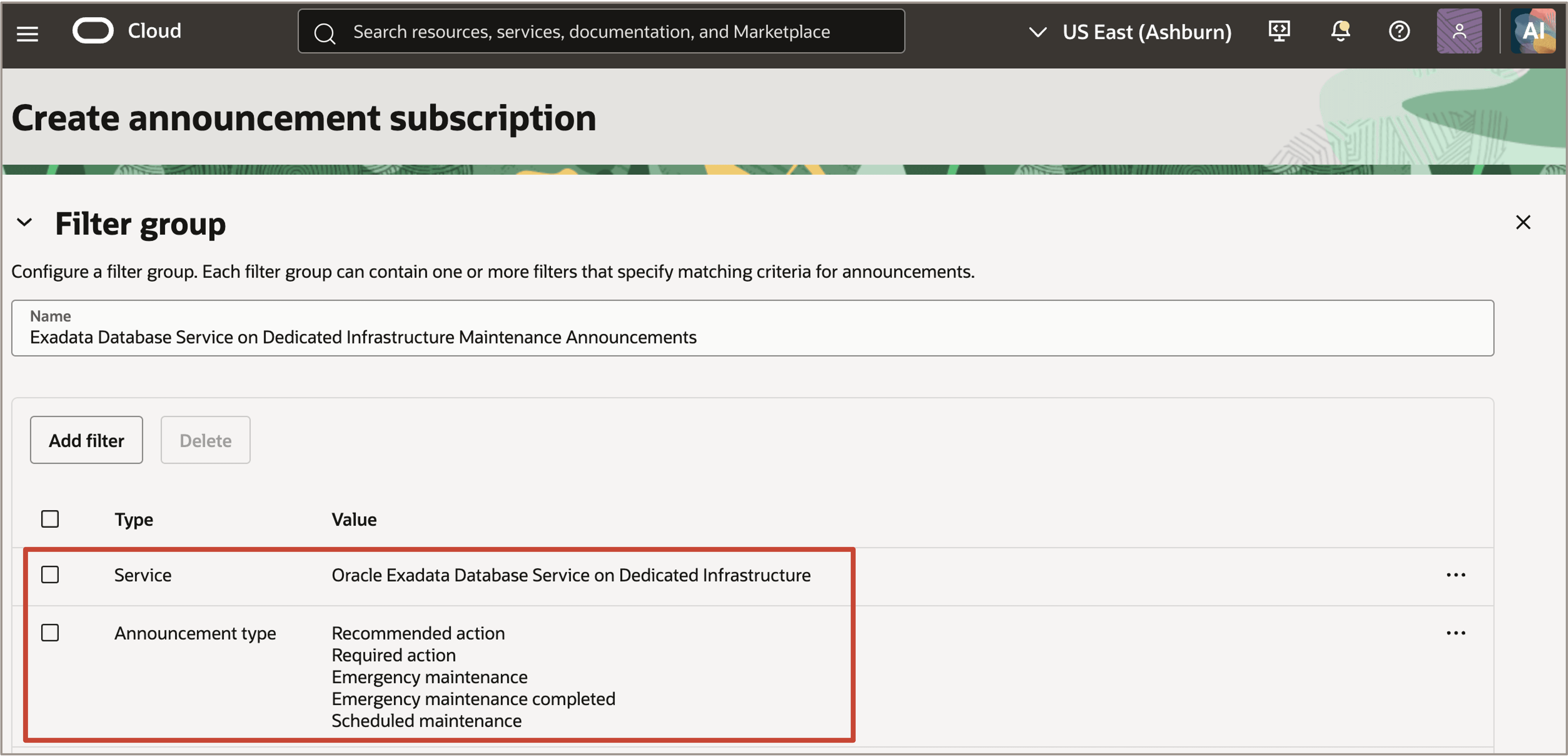 图中显示了为 Oracle Exadata Database Service on Dedicated Infrastructure 配置的服务和公告类型筛选器