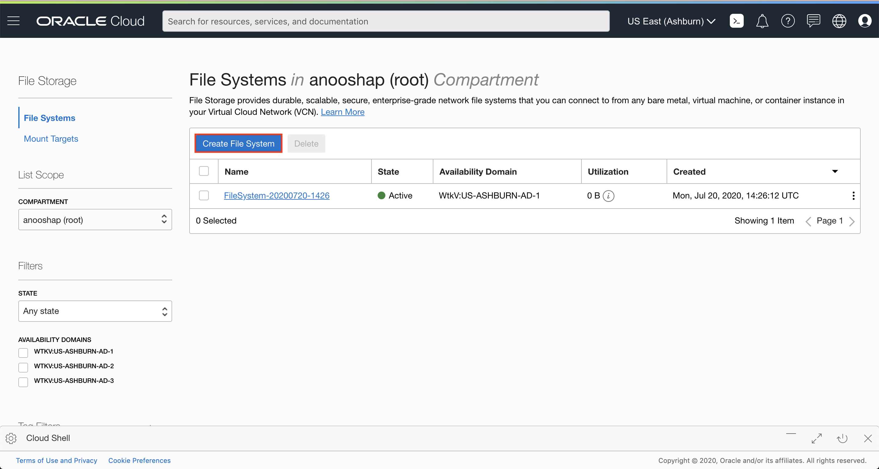 “创建文件系统”按钮