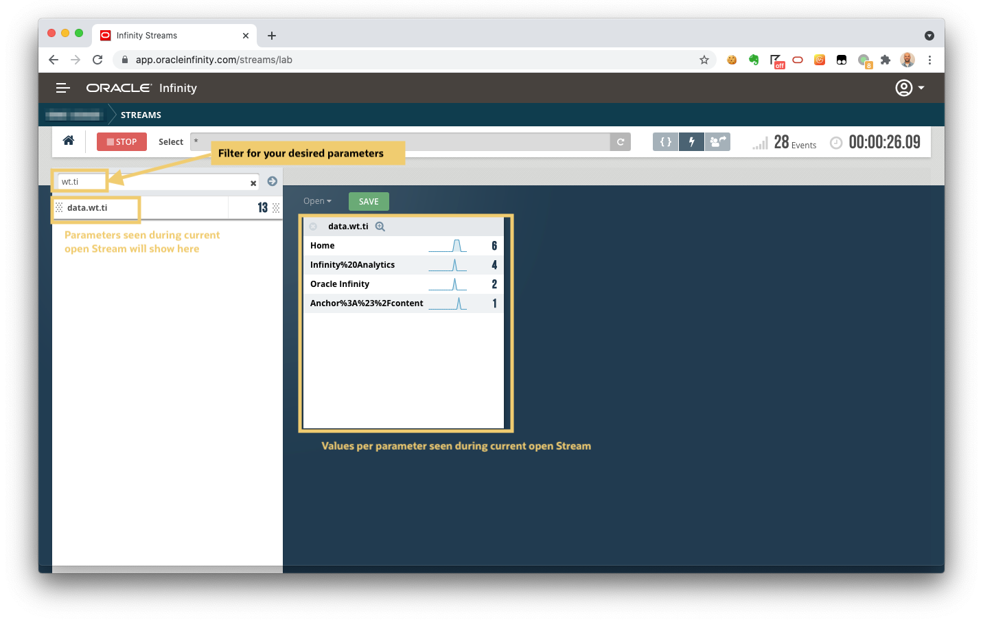 显示实时可用参数和值的流示例