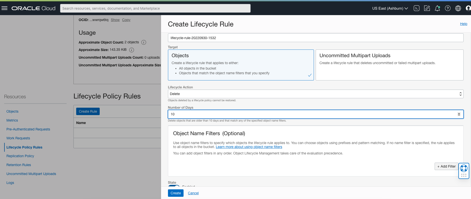 “Create Lifecycle Rule Console（创建生命周期规则控制台）”对话框