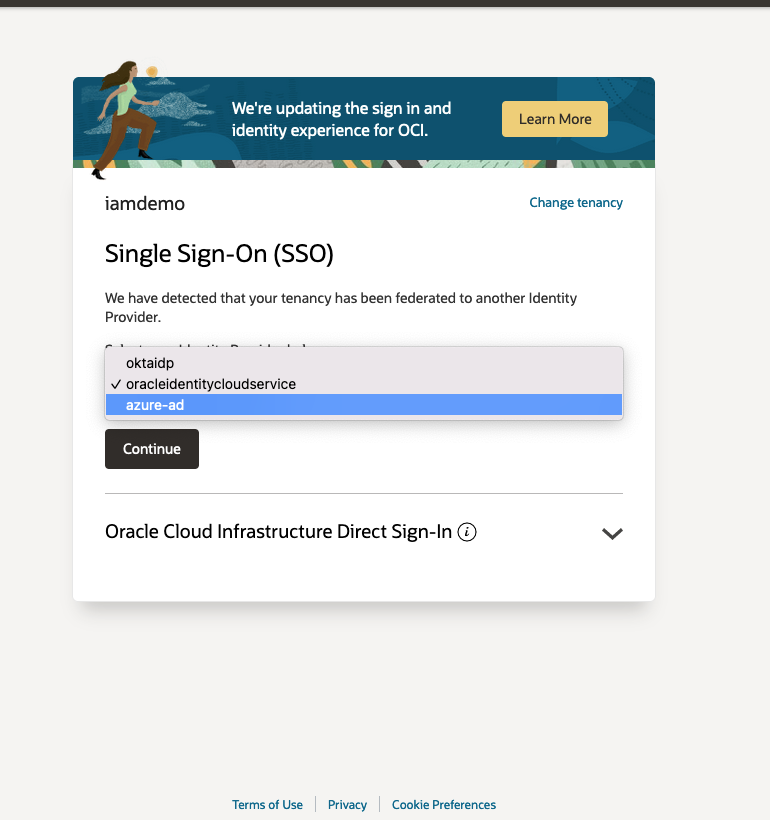 OCI IAM IdP 选择器。 图中显示 OCI IAM IdP 选择