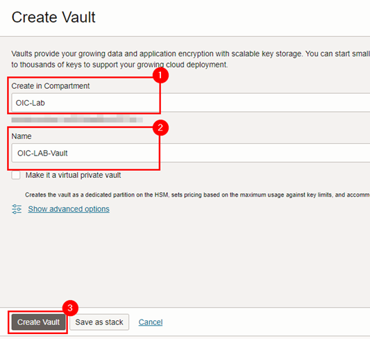 填写 Vault 创建页面所需的正确信息